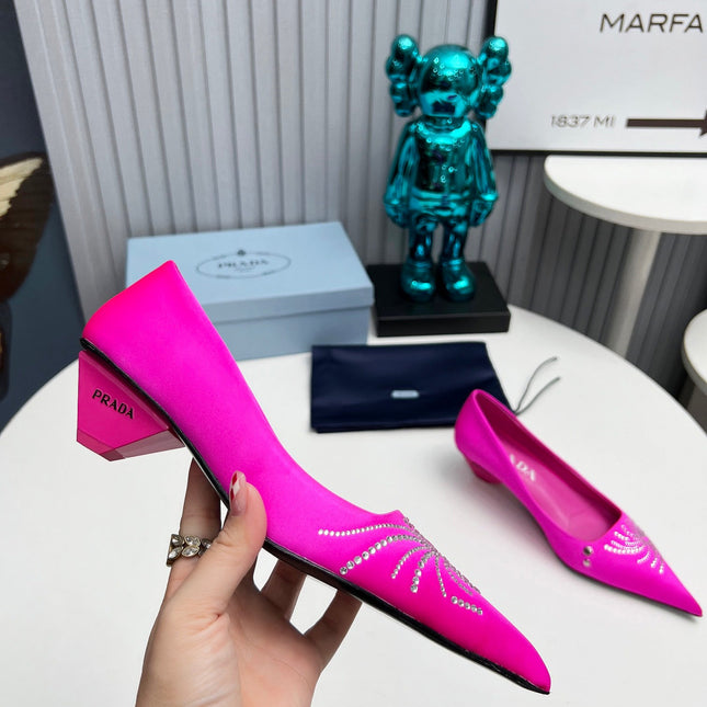 PRADA 26S POINTED TOE PUMPS 40MM IN FUCHSIA PINK SATIN CRYSTAL EMBELLISHED