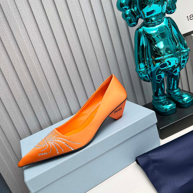 PRADA 26S POINTED TOE PUMPS 40MM IN ORANGE SATIN CRYSTAL EMBELLISHED