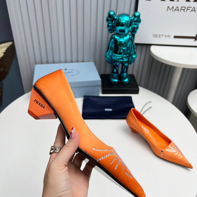 PRADA 26S POINTED TOE PUMPS 40MM IN ORANGE SATIN CRYSTAL EMBELLISHED
