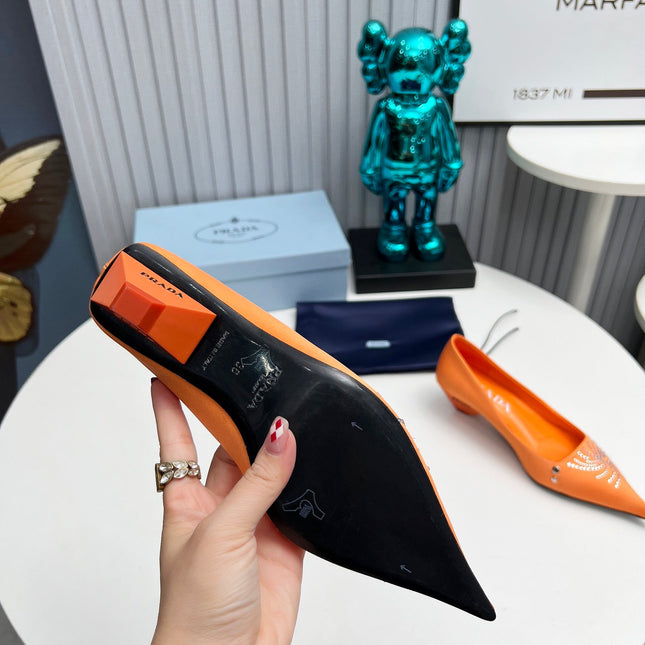 PRADA 26S POINTED TOE PUMPS 40MM IN ORANGE SATIN CRYSTAL EMBELLISHED