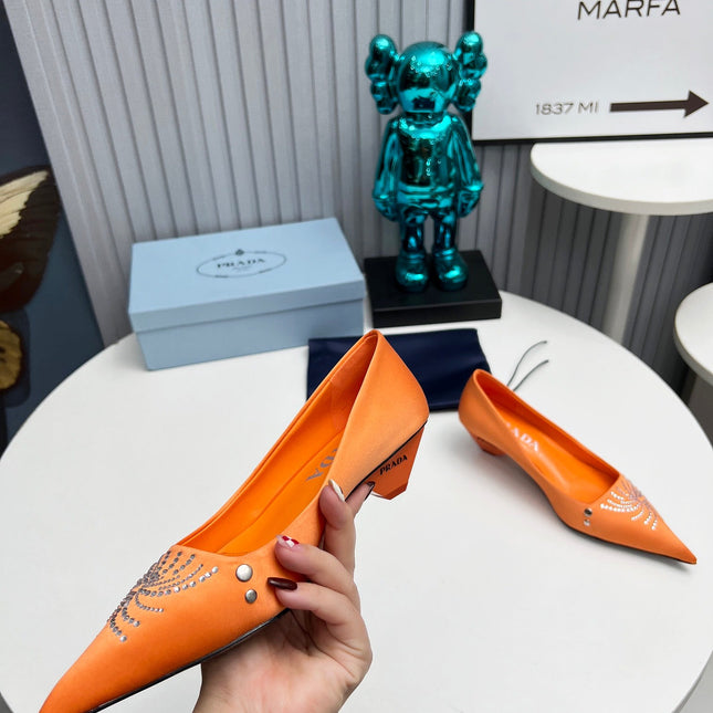 PRADA 26S POINTED TOE PUMPS 40MM IN ORANGE SATIN CRYSTAL EMBELLISHED
