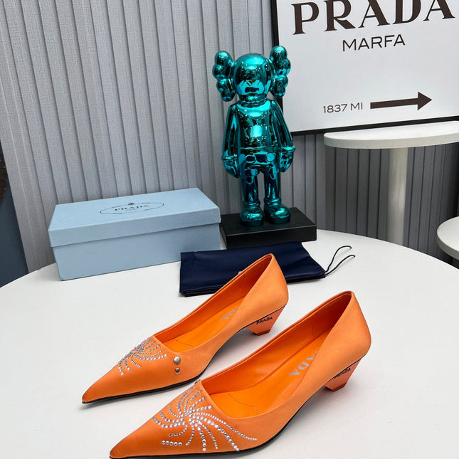 PRADA 26S POINTED TOE PUMPS 40MM IN ORANGE SATIN CRYSTAL EMBELLISHED
