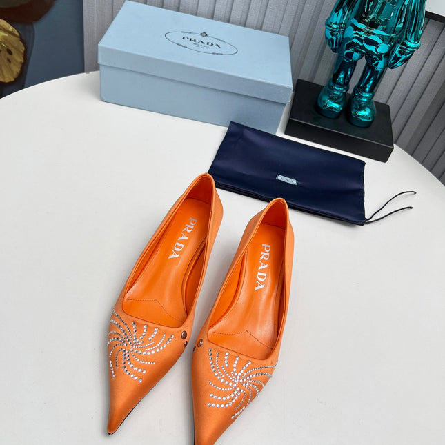 PRADA 26S POINTED TOE PUMPS 40MM IN ORANGE SATIN CRYSTAL EMBELLISHED