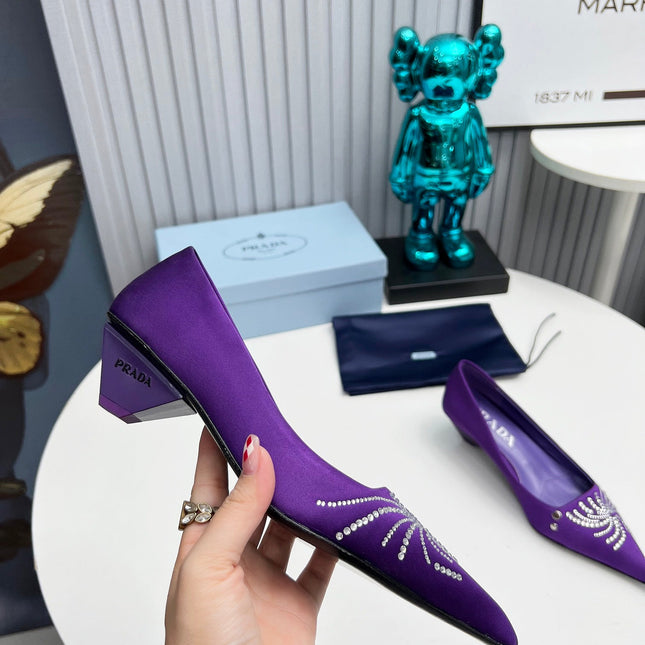PRADA 26S POINTED TOE PUMPS 40MM IN PURPLE SATIN CRYSTAL EMBELLISHED