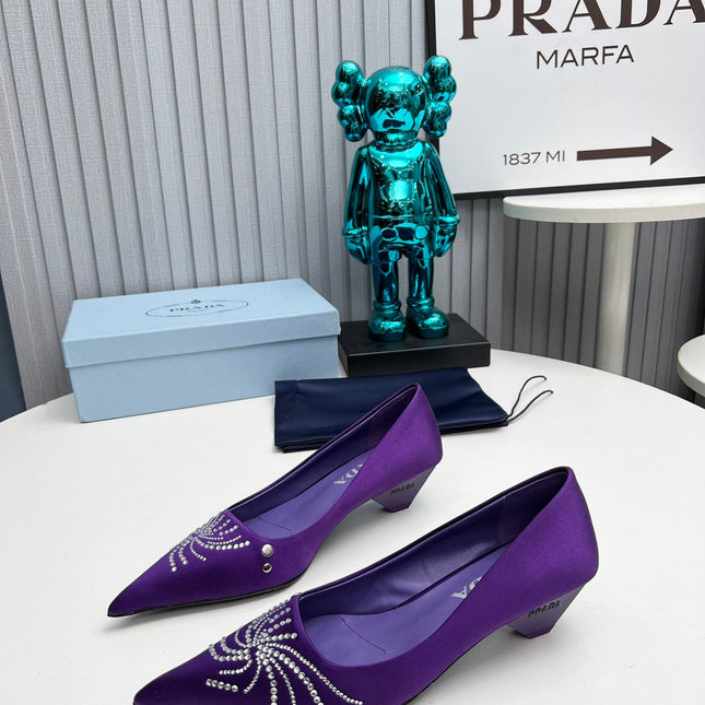 PRADA 26S POINTED TOE PUMPS 40MM IN PURPLE SATIN CRYSTAL EMBELLISHED