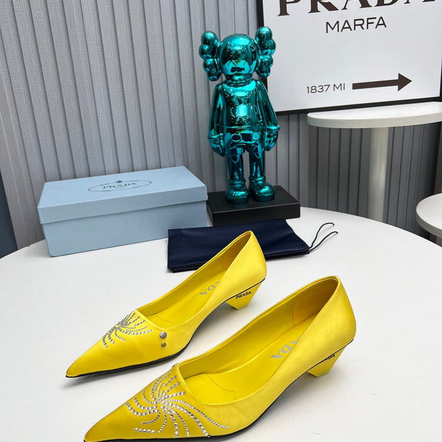 PRADA 26S POINTED TOE PUMPS 40MM IN YELLOW SATIN CRYSTAL EMBELLISHED