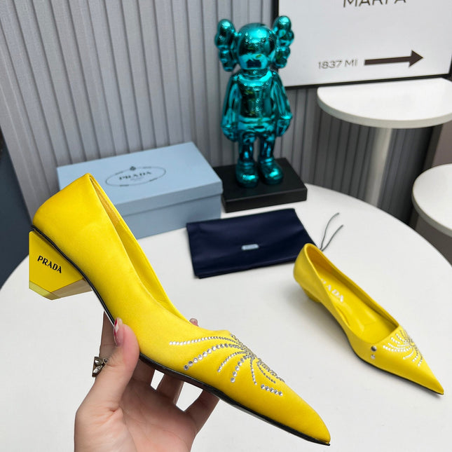 PRADA 26S POINTED TOE PUMPS 40MM IN YELLOW SATIN CRYSTAL EMBELLISHED