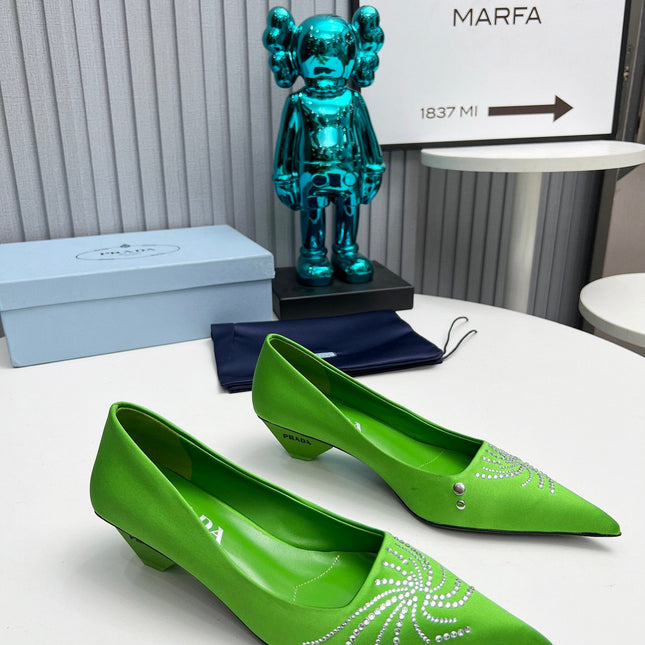 PRADA 26S POINTED TOE PUMPS 40MM IN APPLE GREEN SATIN CRYSTAL EMBELLISHED