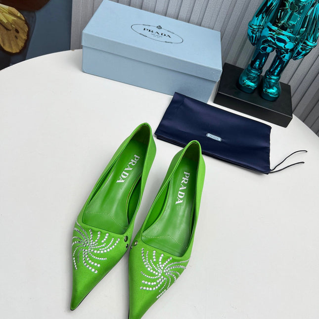 PRADA 26S POINTED TOE PUMPS 40MM IN APPLE GREEN SATIN CRYSTAL EMBELLISHED
