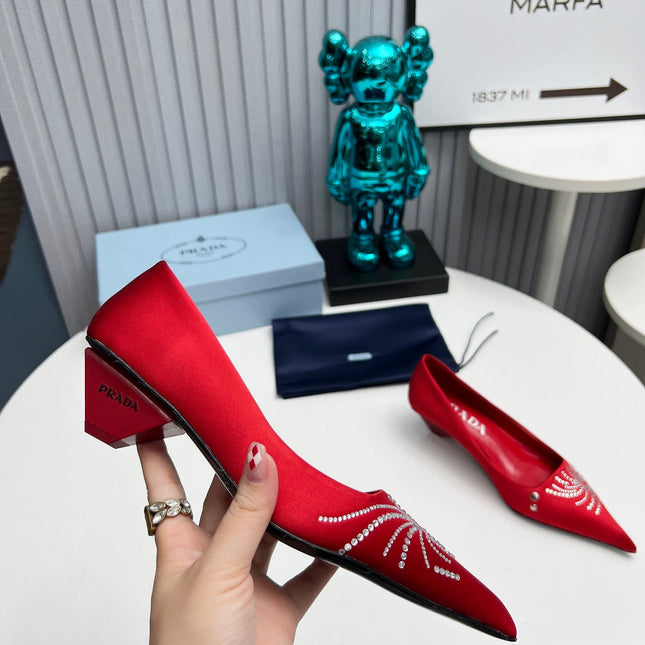 PRADA 26S POINTED TOE PUMPS 40MM IN RED SATIN CRYSTAL EMBELLISHED
