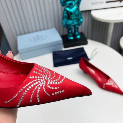 PRADA 26S POINTED TOE PUMPS 40MM IN RED SATIN CRYSTAL EMBELLISHED
