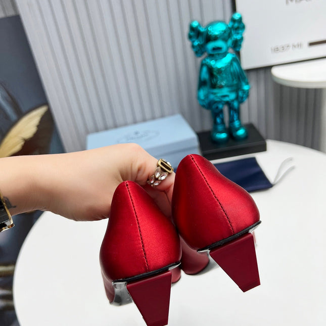 PRADA 26S POINTED TOE PUMPS 40MM IN RED SATIN CRYSTAL EMBELLISHED