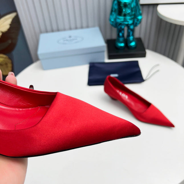 PRADA 26S POINTED TOE PUMPS 40MM IN RED SATIN
