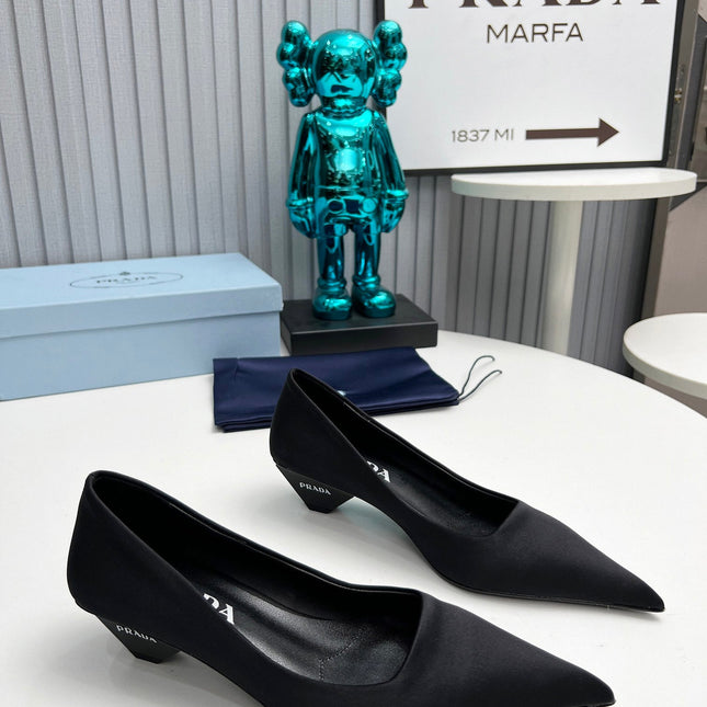 PRADA 26S POINTED TOE PUMPS 40MM IN BLACK SATIN