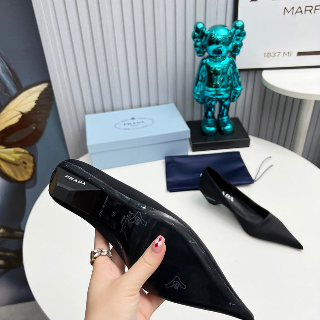 PRADA 26S POINTED TOE PUMPS 40MM IN BLACK SATIN