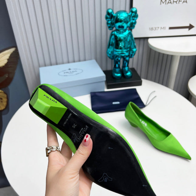 PRADA 26S POINTED TOE PUMPS 40MM IN APPLE GREEN SATIN
