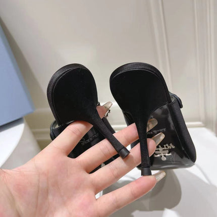 PRA HIGH-HEELED MULES BLACK SATIN