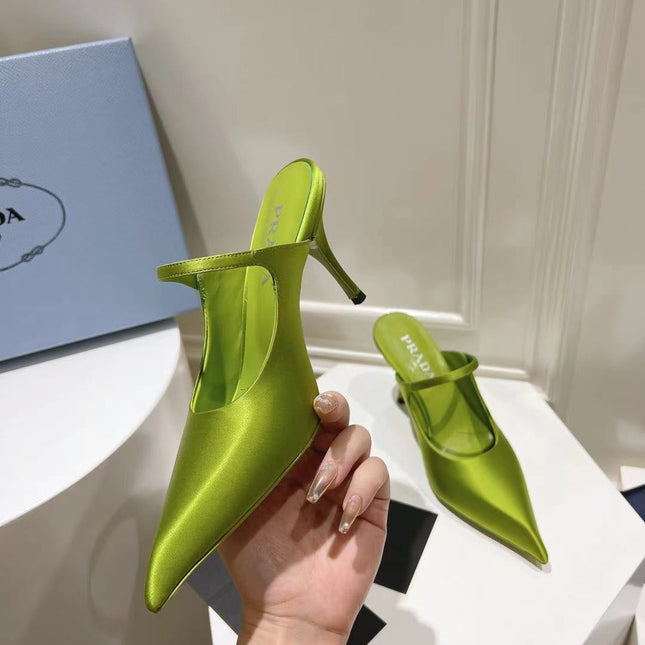PRA HIGH-HEELED MULES PEAR SATIN