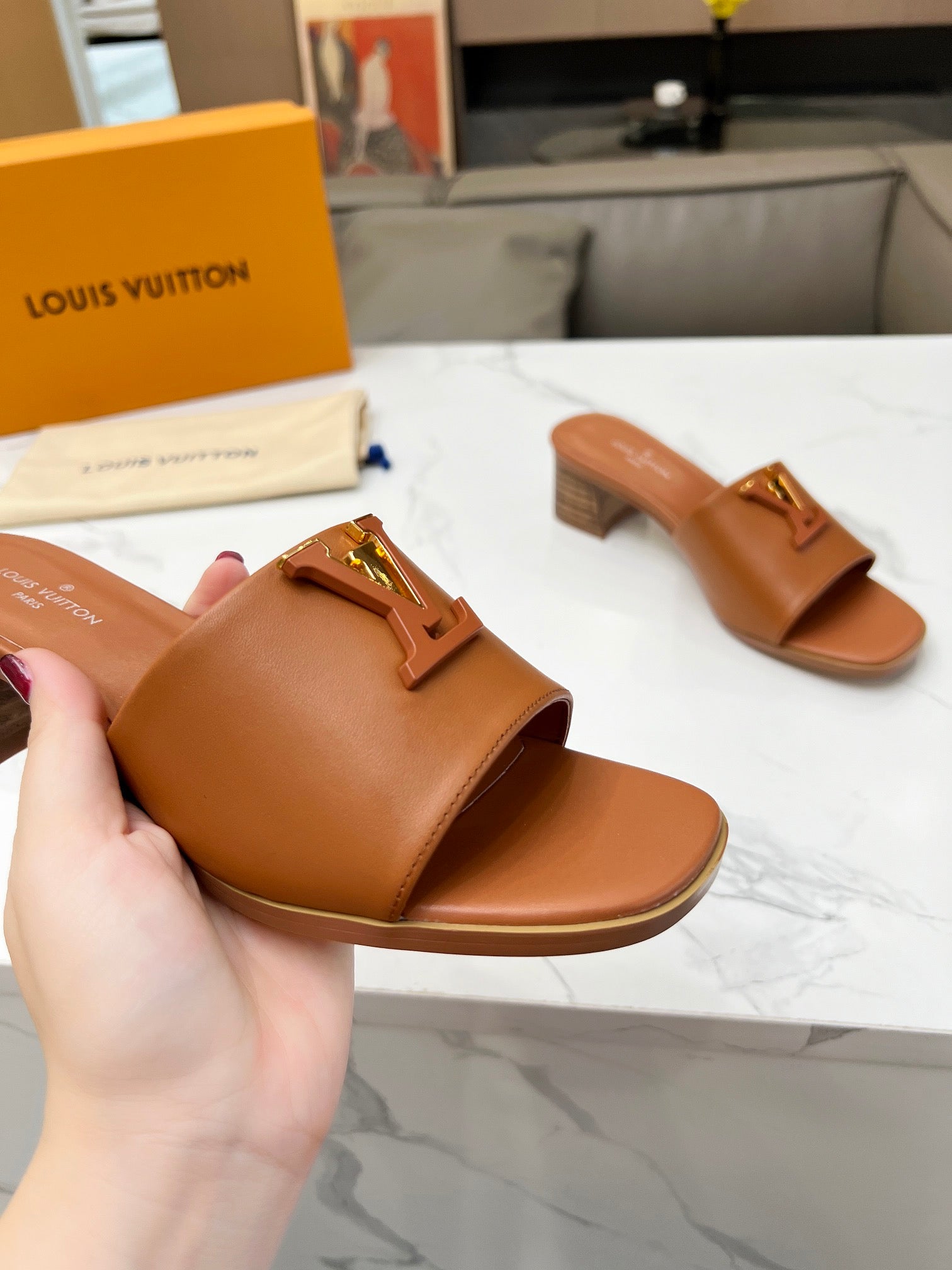LV 26S CAPRI HIGH-HEELED MULES IN BROWN CALFSKIN