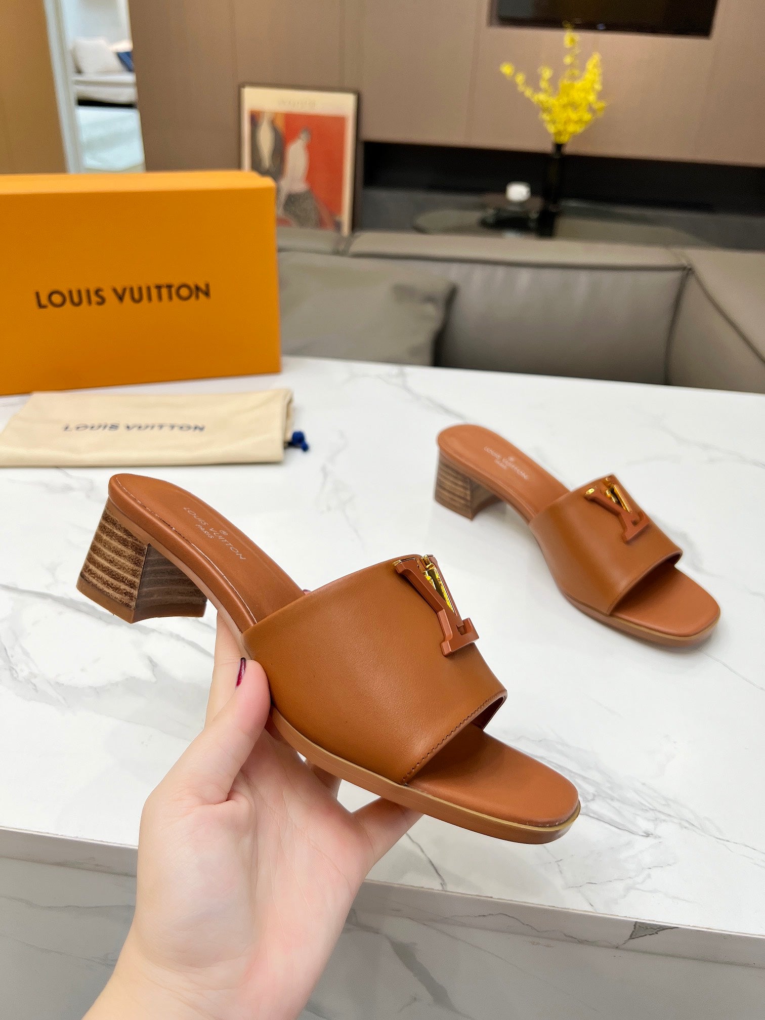 LV 26S CAPRI HIGH-HEELED MULES IN BROWN CALFSKIN