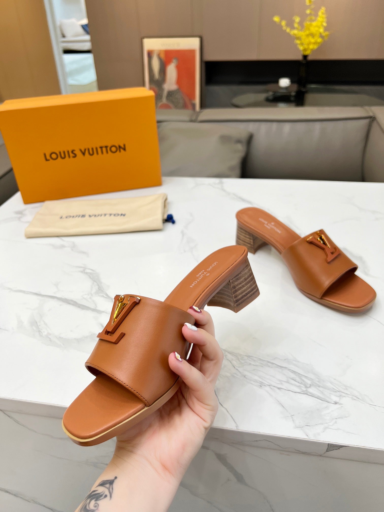 LV 26S CAPRI HIGH-HEELED MULES IN BROWN CALFSKIN