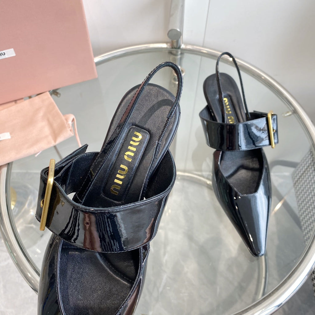 HIGH-SLINGBACK POINTED TOE SANDALS BLACK COWHIDE