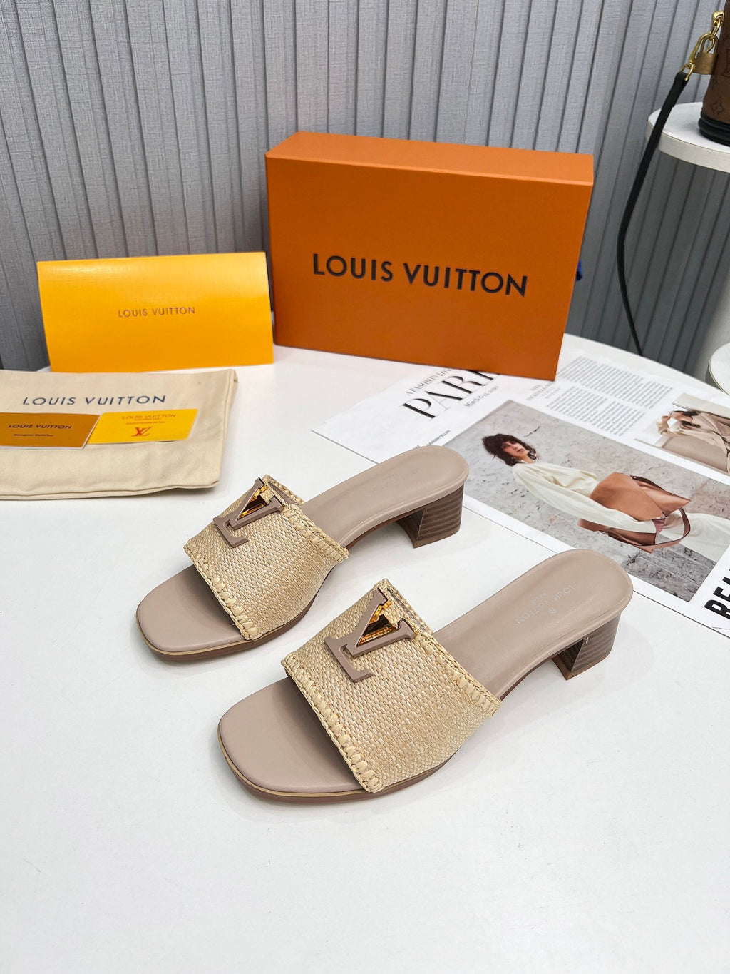 LV 26S CAPRI HIGH-HEELED MULES IN DARK BEIGE CALFSKIN AND RAFFIA
