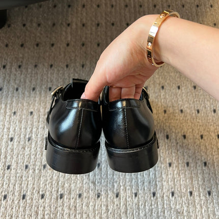 MIUMIU 26S SLIP-ON LOAFERS IN BLACK CALFSKIN SQUARE BUCKLE