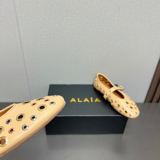 ALAIA MARY JANE SHOES IN BEIGE CREAM LAMBSKIN GOLD MIX SILVER HARDWARE