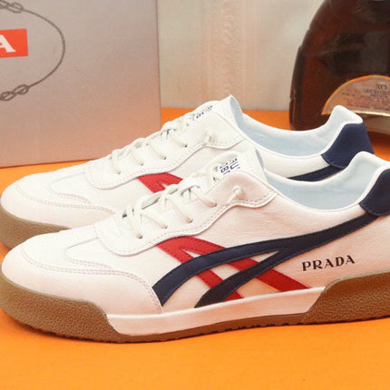 PRA SNEAKER IN WHITE CALFSKIN WITH NAVY BLUE AND RED STRIPED