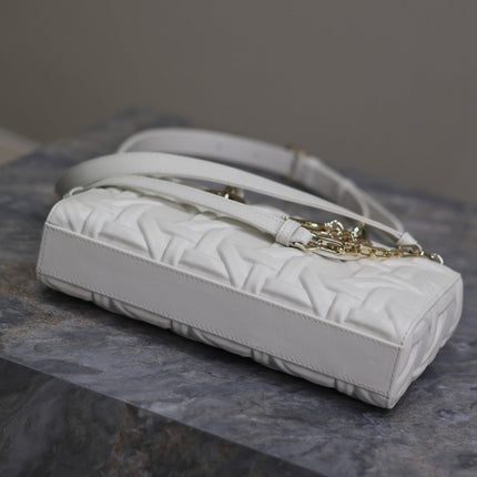 LADY D-JOY BAG 26 IN WHITE GRAPHIC CANNAGE CALFSKIN PALE GOLD-FINISH METAL CHARMS