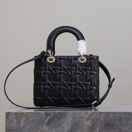 LADY BAG 24 IN BLACK GRAPHIC CANNAGE CALFSKIN PALE GOLD-FINISH METAL CHARMS