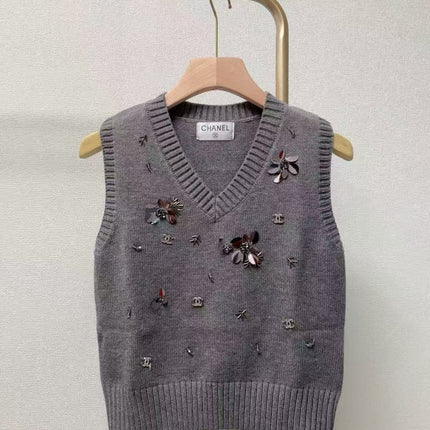 CC Sequined ribbed V-neck knitted vest