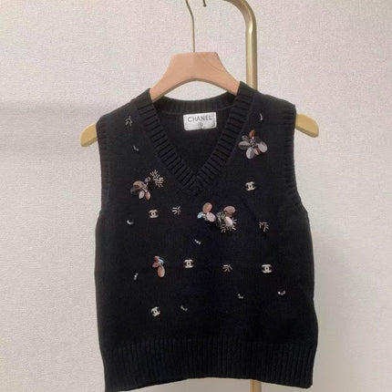 CC Sequined ribbed V-neck knitted vest