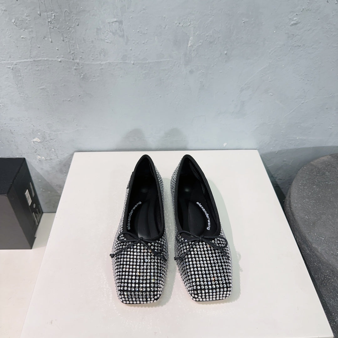 EMBELLISHED BILLIE FLATS IN BLACK MIX WHITE CRYSTAL SATIN