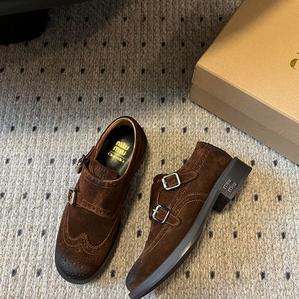 MIUMIU 26S LACE-UP BROGUE LOAFERS IN CHOCOLATE BROWN SUEDE