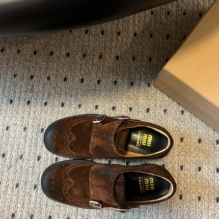 MIUMIU 26S LACE-UP BROGUE LOAFERS IN CHOCOLATE BROWN SUEDE