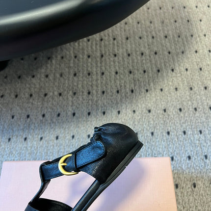 MIUMIU 26S FISHERMAN SANDALS IN BLACK RUCHES NAPPA CALFSKIN