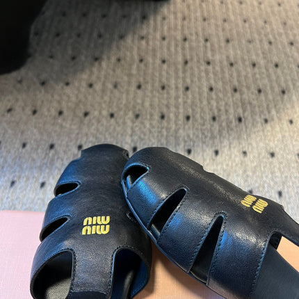 MIUMIU 26S FISHERMAN SANDALS IN BLACK RUCHES NAPPA CALFSKIN
