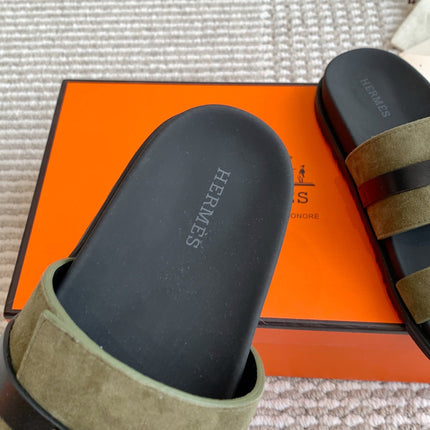HM 26S KELLY BUCKLE DOUBLE STRAP SANDALS IN MOSS GREEN SUEDE SILVER HARDWARE