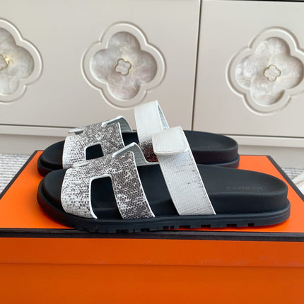 HM 26S CHYPRE SANDALS IN WHITE CALFSKIN WITH SNAKESKIN PRINT STRAP