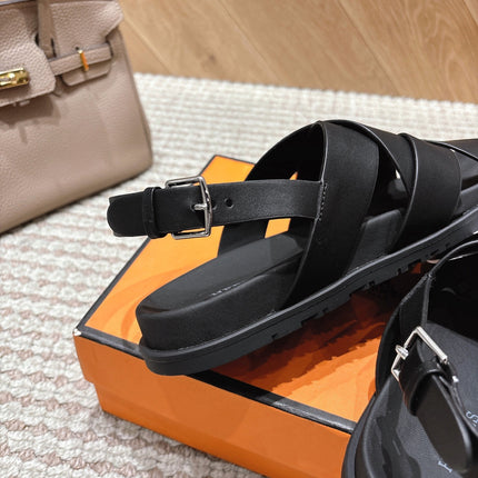 HM 26S CROSS-STRAP SANDALS IN BLACK CALFSKIN
