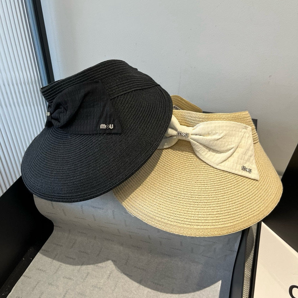 MIUMIU OPEN-TOP STRAW HAT IN LIGHT BEIGE WITH LARGE BOW