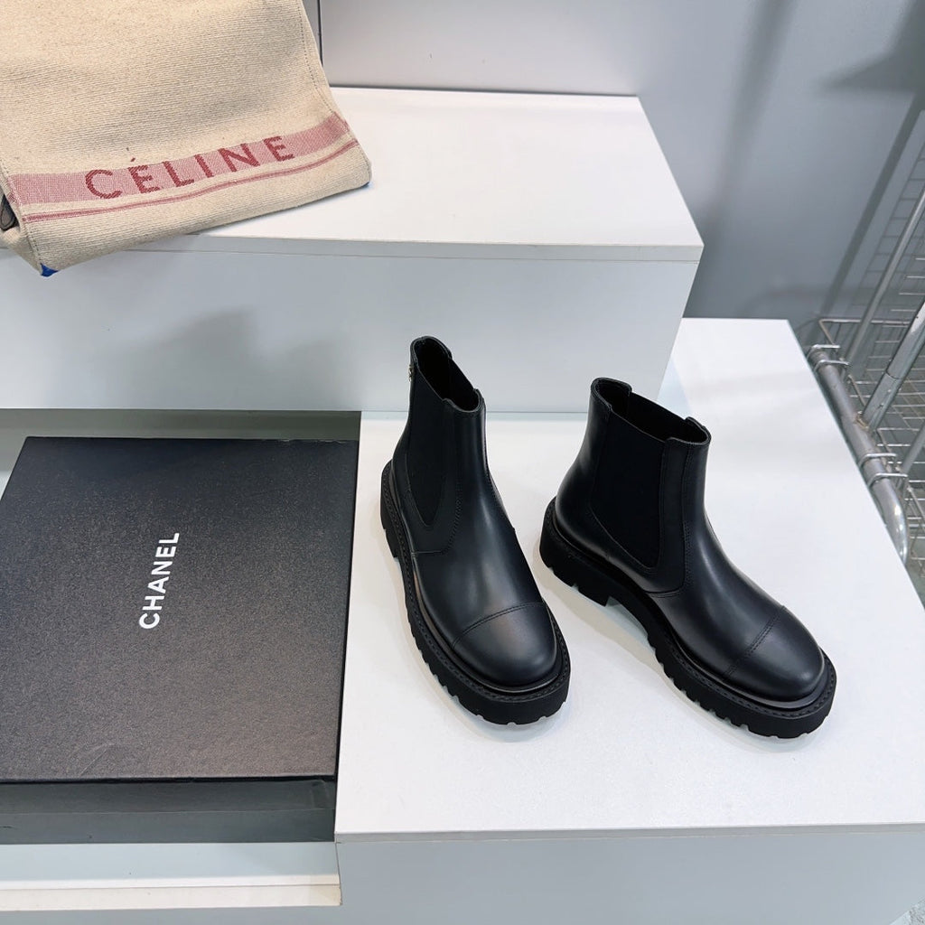 CHANEL ANKLE BOOTS 25S 45 MM IN BLACK FABRIC MIX LAMBSKIN