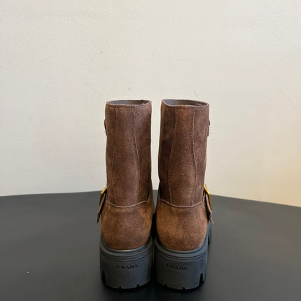 PRADA 25S PLATFORM ANKLE BOOTS IN BROWN SUEDE WITH GOLD HARDWARE