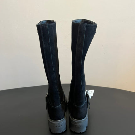 PRADA 25S HIGH-CUT PLATFORM BOOTS IN BLACK SUEDE WITH SILVER HARDWARE