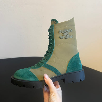 CELINE 26S LACE-UP ANKLE BOOTS IN TEAL GREEN SUEDE AND GRAYISH GREEN LAMBSKIN