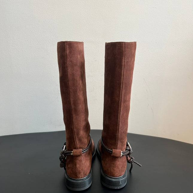 BOTTEGA VENETA 26S TALL BOOTS IN BROWN SUEDE
