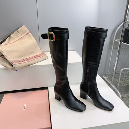 MIUMIU 25S BOOTS WITH BUCKLE 60MM IN BLACK CALFSKIN