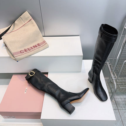 MIUMIU 25S BOOTS WITH BUCKLE 60MM IN BLACK CALFSKIN